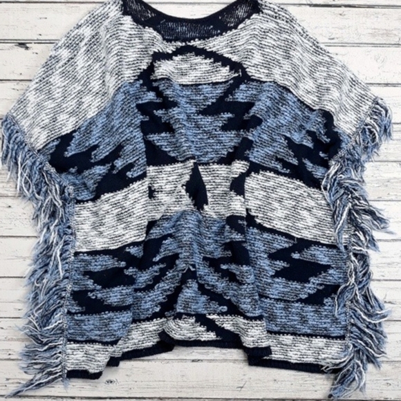 INC International Concepts Blue Aztec Southwestern Print Fringed Poncho Sweater - Picture 2 of 7